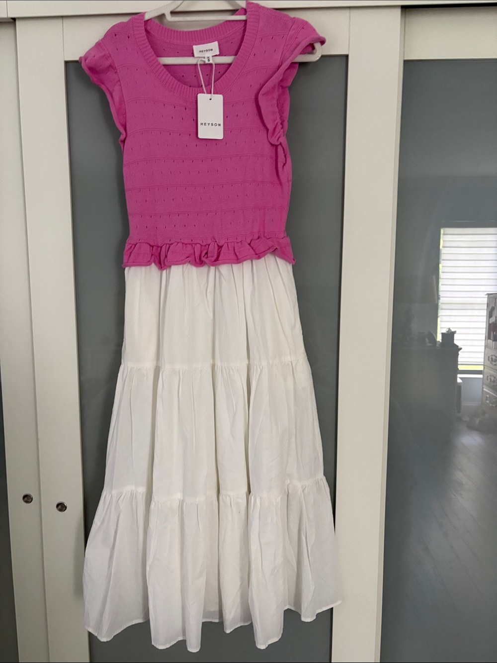 Pink Knit Bodice with White Tiered Skirt Dress
